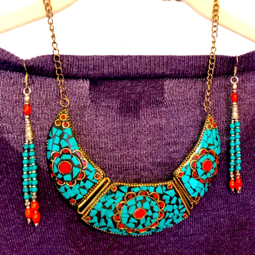 Beautiful turquoise and orange necklace & earrings brought back from Nepal.